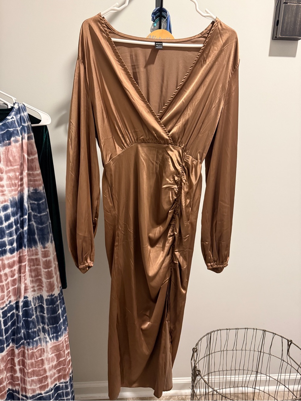 SHEIN Bronze Copper Satin Long-Sleeve Wrap Dress